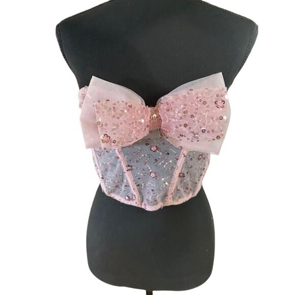 Pink Sequin Mesh Corset Top with Oversized Bow & Lace-Up Back – Adjustable Fit - Picture 1 of 3